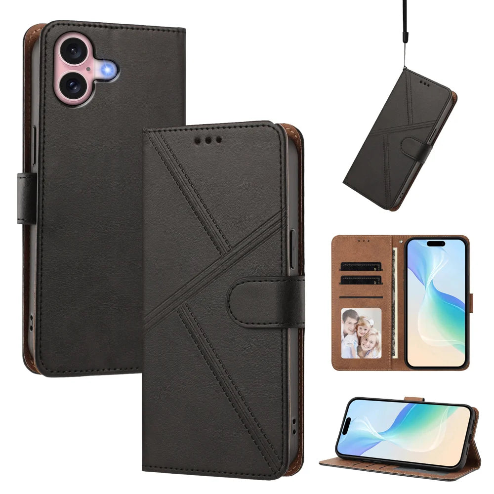 For iPhone 16 Case Diamond Stitch PU Leather Wallet Flip Phone Cover with Wrist Strap - Black - 2