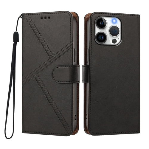 For iPhone 15 Pro Case Diamond Stitch PU Leather Wallet Flip Phone Cover with Wrist Strap - Black - 1