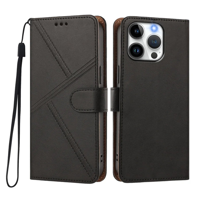 For iPhone 15 Pro Case Diamond Stitch PU Leather Wallet Flip Phone Cover with Wrist Strap - Black - 1