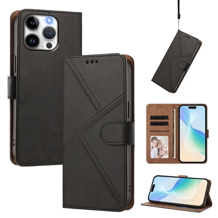 For iPhone 15 Pro Case Diamond Stitch PU Leather Wallet Flip Phone Cover with Wrist Strap - Black - 2