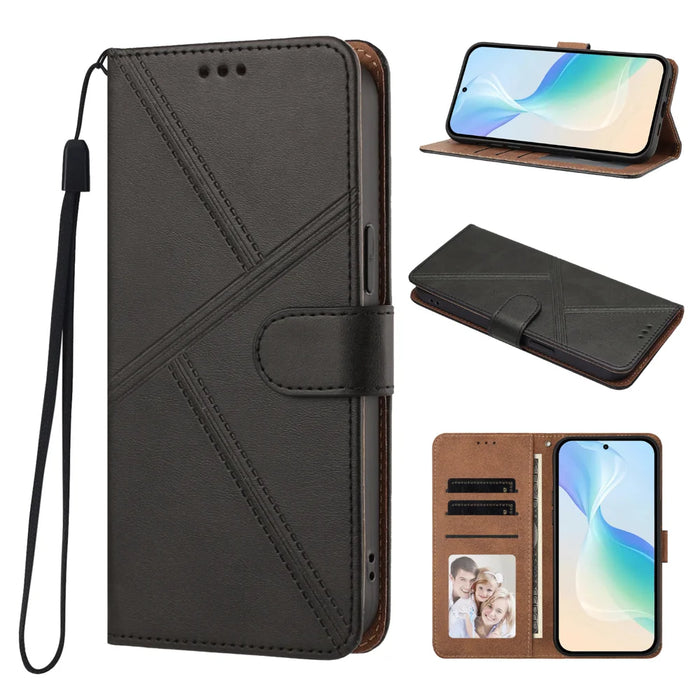 For iPhone 15 Pro Case Diamond Stitch PU Leather Wallet Flip Phone Cover with Wrist Strap - Black - 4