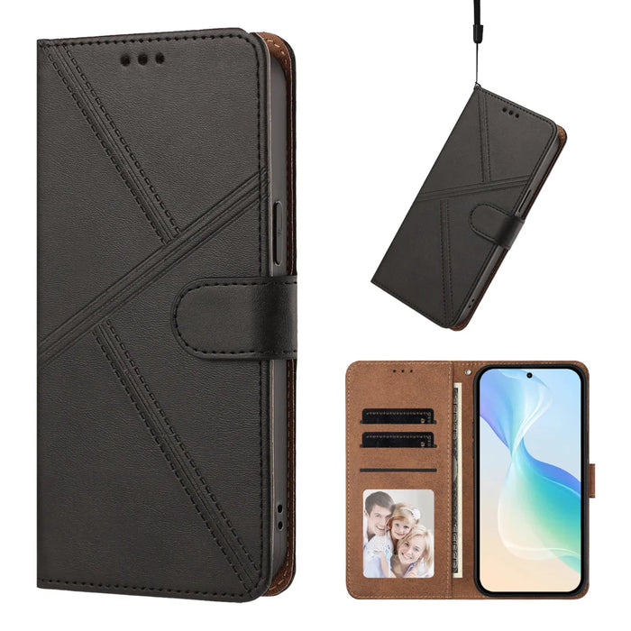 For iPhone 15 Pro Case Diamond Stitch PU Leather Wallet Flip Phone Cover with Wrist Strap - Black - 5