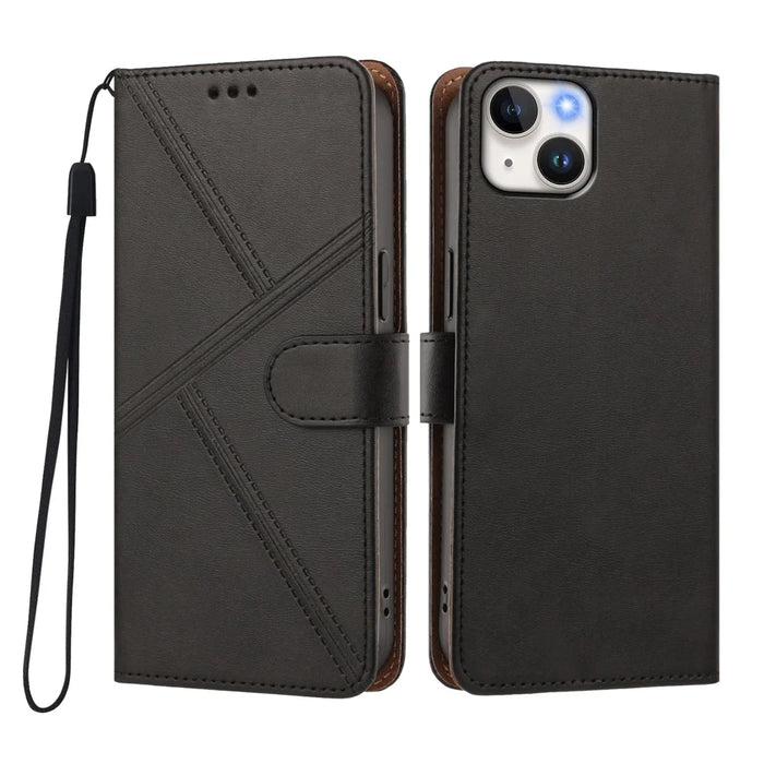 For iPhone 15 Case Diamond Stitch PU Leather Wallet Flip Phone Cover with Wrist Strap - Black - 1