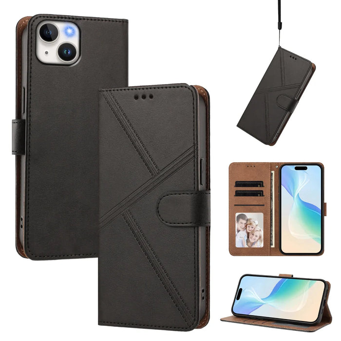 For iPhone 15 Case Diamond Stitch PU Leather Wallet Flip Phone Cover with Wrist Strap - Black - 2