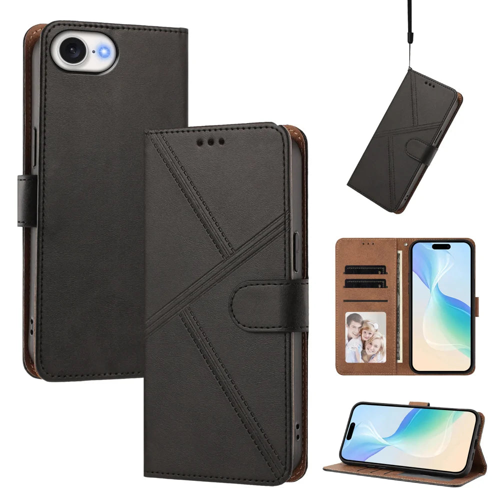 For iPhone 17e / iPhone 16e Case Diamond Stitch PU Leather Wallet Flip Phone Cover with Wrist Strap - Black - 2