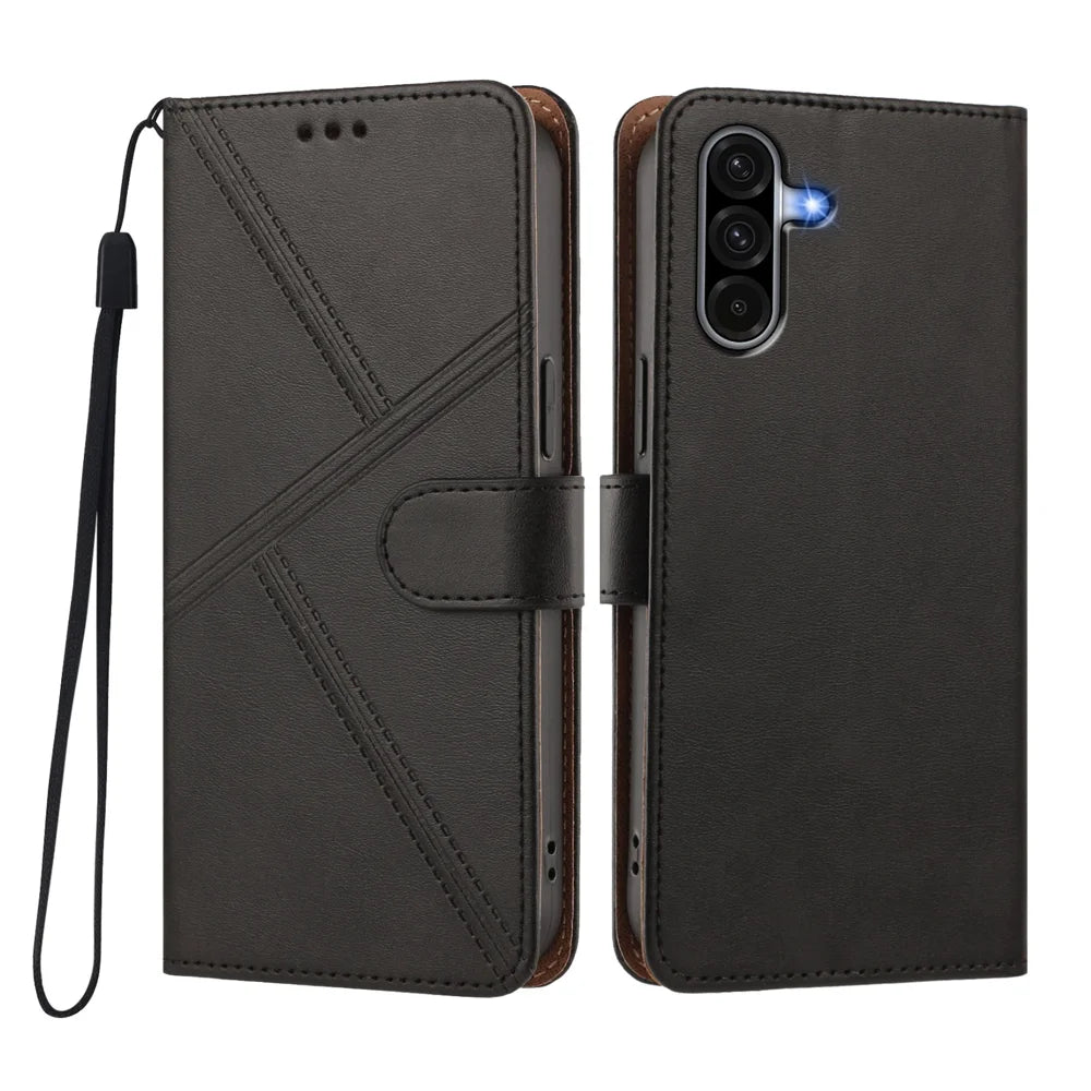For Samsung Galaxy A17 4G / Galaxy A26 5G / Galaxy A18 4G / Galaxy A18 5G / Galaxy A17 5G Case Diamond Stitch PU Leather Wallet Flip Phone Cover with Wrist Strap - Black - 1
