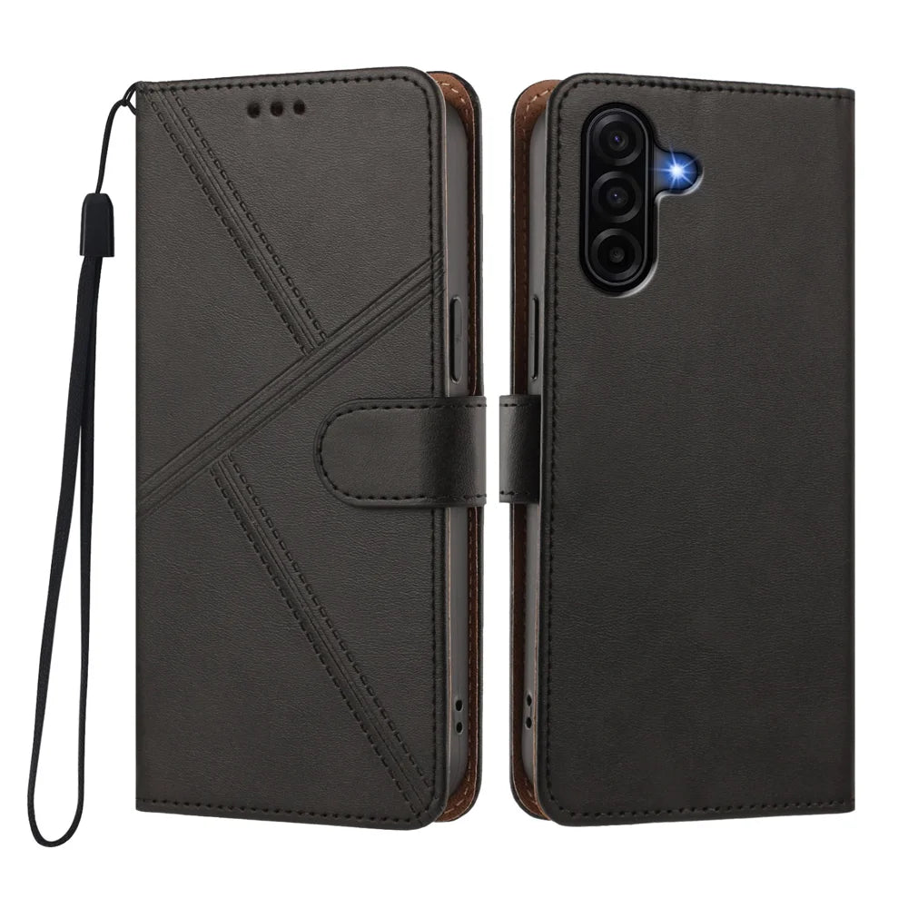 For Samsung Galaxy A57 5G Case Diamond Stitch PU Leather Wallet Flip Phone Cover with Wrist Strap - Black - 1