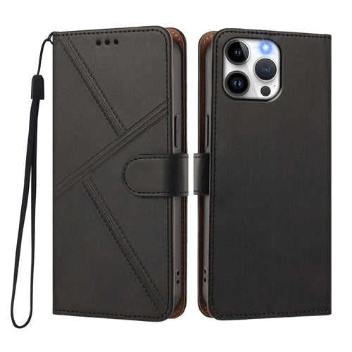 For iPhone 15 Pro Max Case Diamond Stitch PU Leather Wallet Flip Phone Cover with Wrist Strap - Black - 1