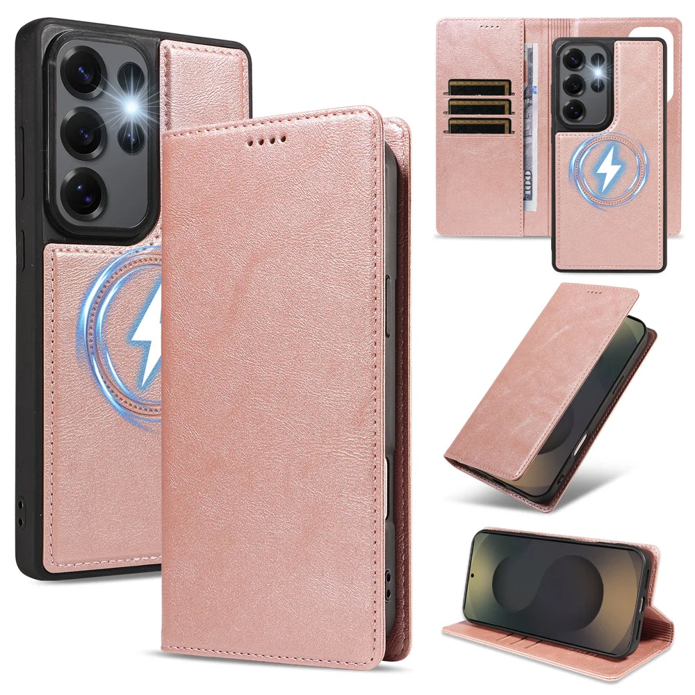 For Samsung Galaxy S25 Ultra Magnetic Case Detachable 2 in 1 Leather Wallet Phone Cover - Rose Gold - 1