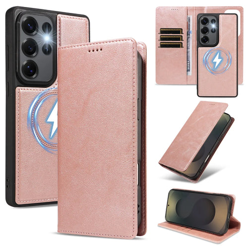 For Samsung Galaxy S25 Ultra Magnetic Case Detachable 2 in 1 Leather Wallet Phone Cover - Rose Gold - 1
