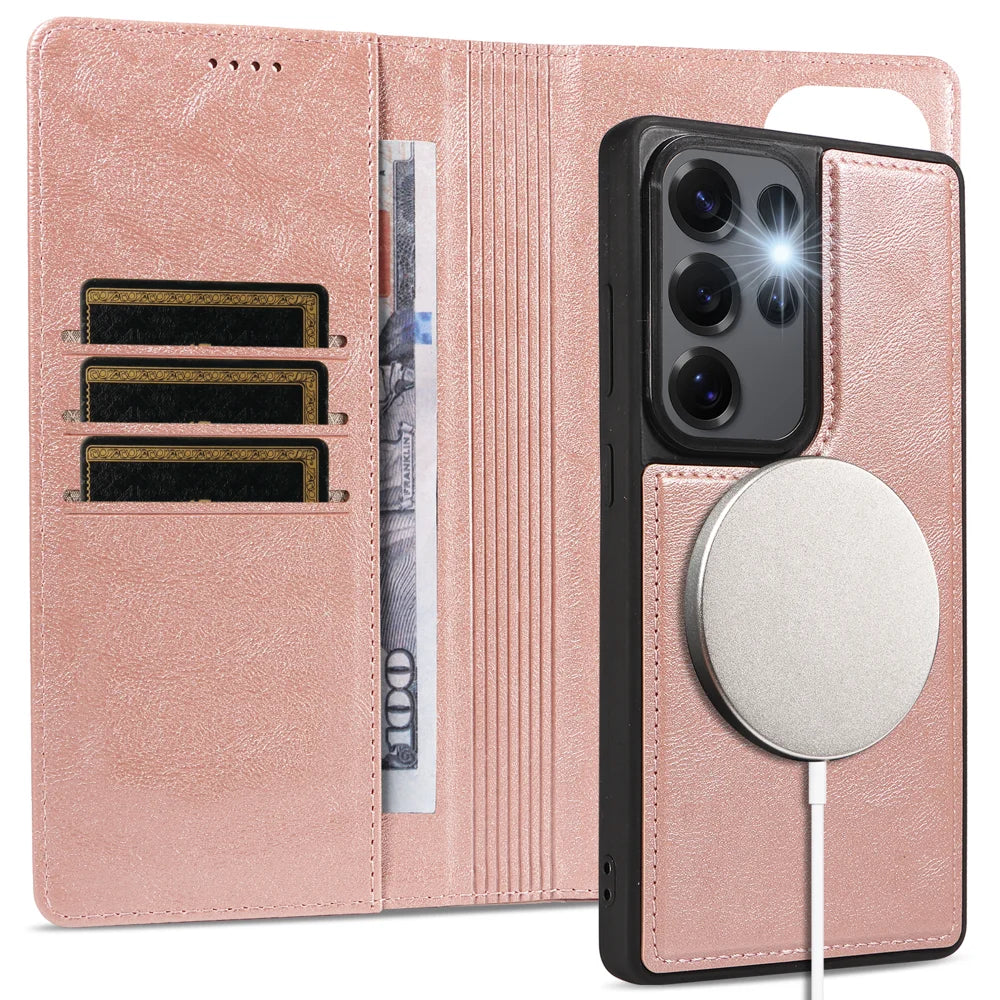 For Samsung Galaxy S25 Ultra Magnetic Case Detachable 2 in 1 Leather Wallet Phone Cover - Rose Gold - 3