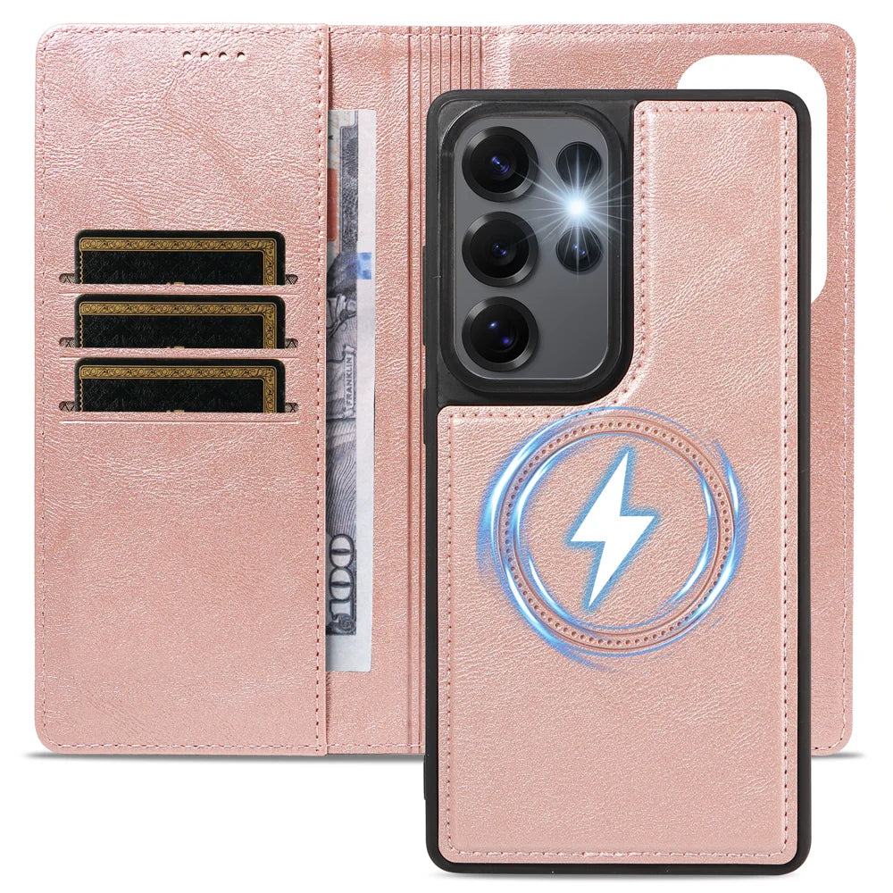 For Samsung Galaxy S25 Ultra Magnetic Case Detachable 2 in 1 Leather Wallet Phone Cover - Rose Gold - 4