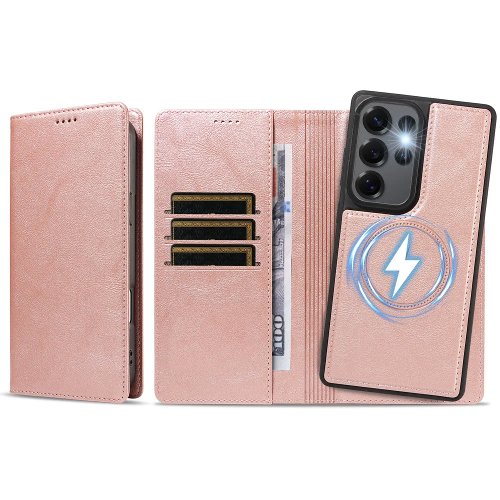 For Samsung Galaxy S25 Ultra Magnetic Case Detachable 2 in 1 Leather Wallet Phone Cover - Rose Gold - 6