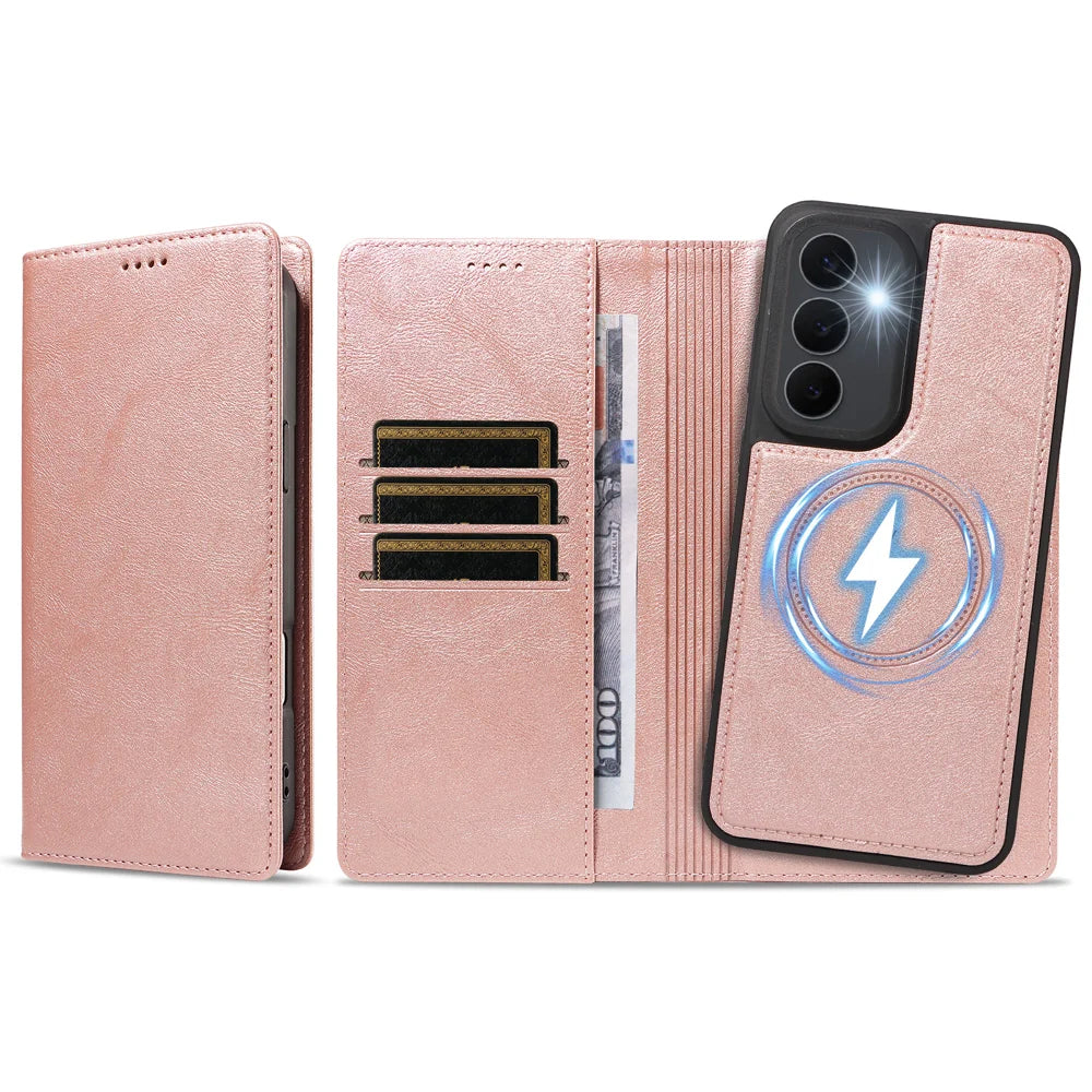 For Samsung Galaxy S25 FE Magnetic Case Detachable 2 in 1 Leather Wallet Phone Cover - Rose Gold - 6