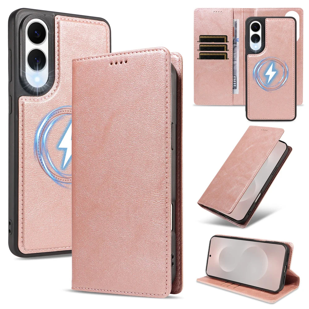 For Samsung Galaxy S25 Edge Magnetic Case Detachable 2 in 1 Leather Wallet Phone Cover - Rose Gold - 1