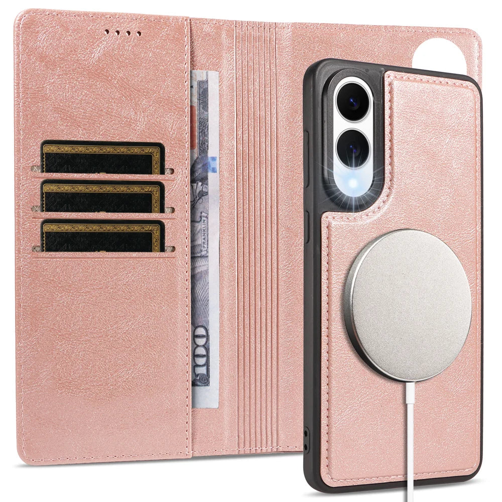 For Samsung Galaxy S25 Edge Magnetic Case Detachable 2 in 1 Leather Wallet Phone Cover - Rose Gold - 3