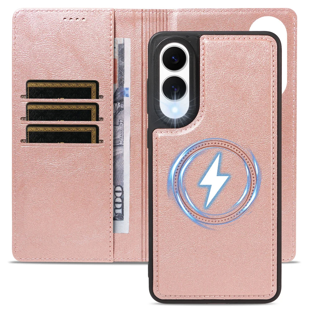 For Samsung Galaxy S25 Edge Magnetic Case Detachable 2 in 1 Leather Wallet Phone Cover - Rose Gold - 4