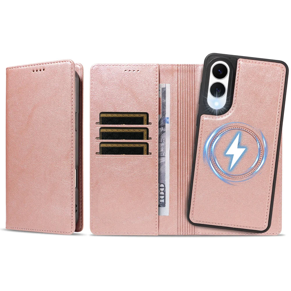 For Samsung Galaxy S25 Edge Magnetic Case Detachable 2 in 1 Leather Wallet Phone Cover - Rose Gold - 6