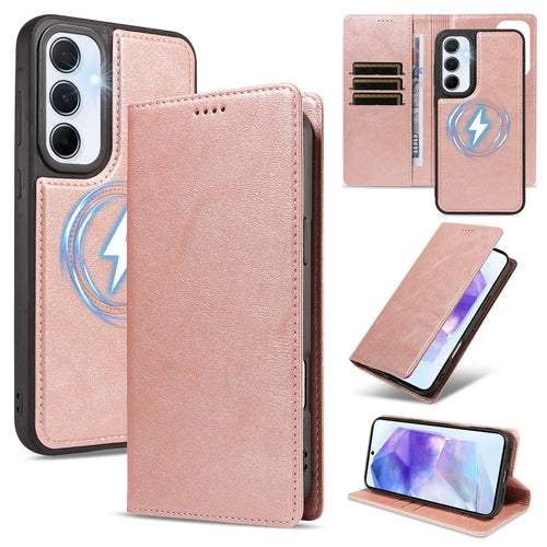 For Samsung Galaxy A55 5G Magnetic Case Detachable 2 in 1 Leather Wallet Phone Cover - Rose Gold - 1