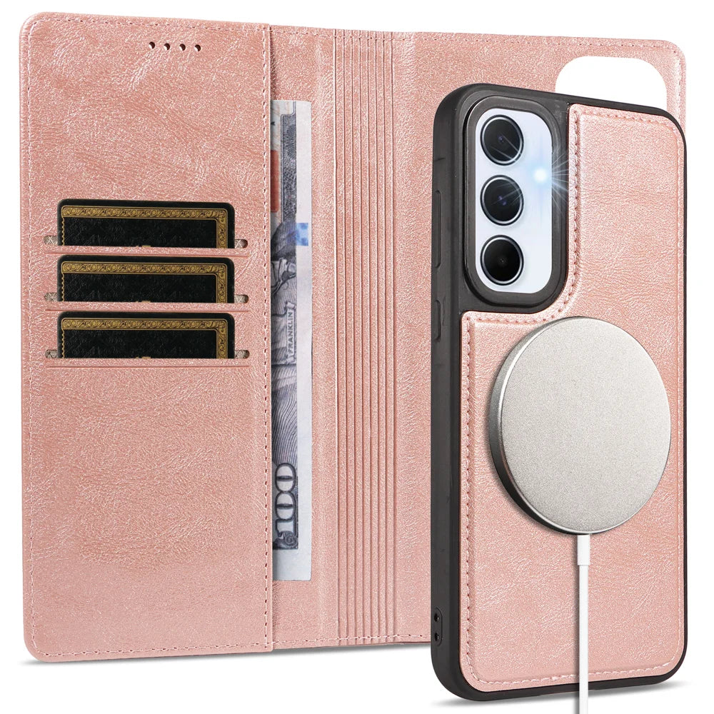 For Samsung Galaxy A55 5G Magnetic Case Detachable 2 in 1 Leather Wallet Phone Cover - Rose Gold - 3