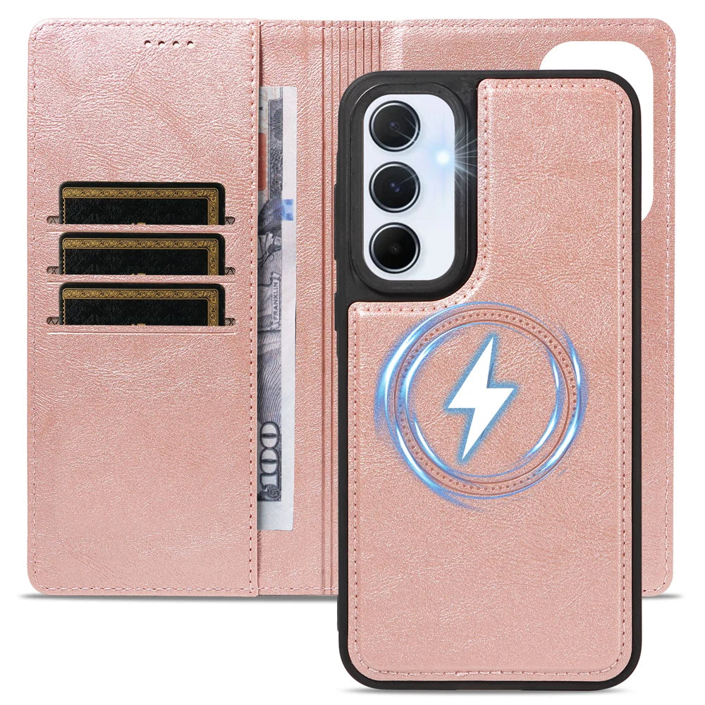 For Samsung Galaxy A55 5G Magnetic Case Detachable 2 in 1 Leather Wallet Phone Cover - Rose Gold - 4