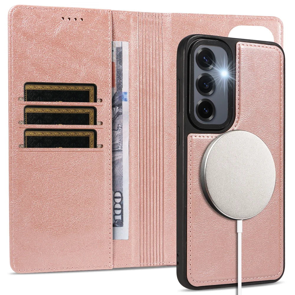 For Samsung Galaxy S24+ / Galaxy S25+ Magnetic Case Detachable 2 in 1 Leather Wallet Phone Cover - Rose Gold - 3
