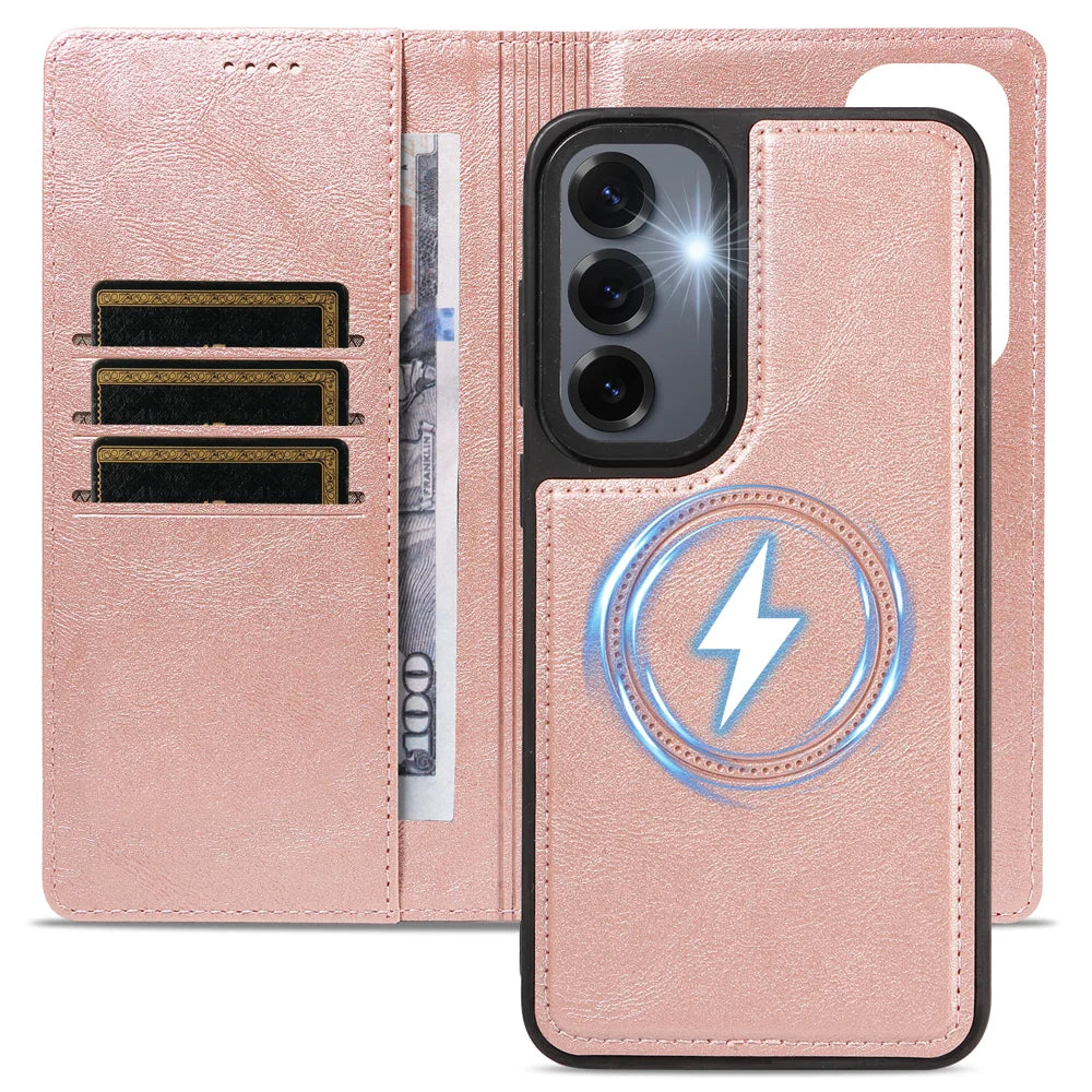 For Samsung Galaxy S24+ / Galaxy S25+ Magnetic Case Detachable 2 in 1 Leather Wallet Phone Cover - Rose Gold - 4