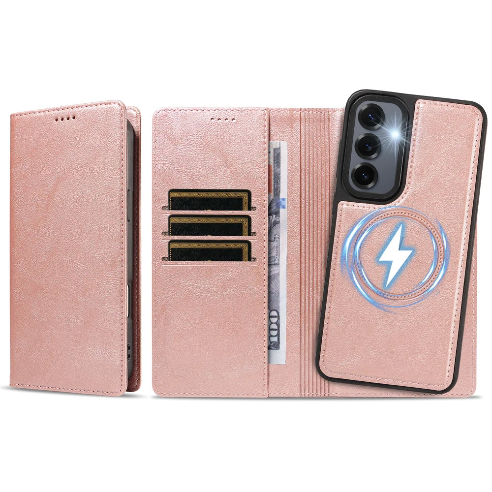 For Samsung Galaxy S24+ / Galaxy S25+ Magnetic Case Detachable 2 in 1 Leather Wallet Phone Cover - Rose Gold - 6