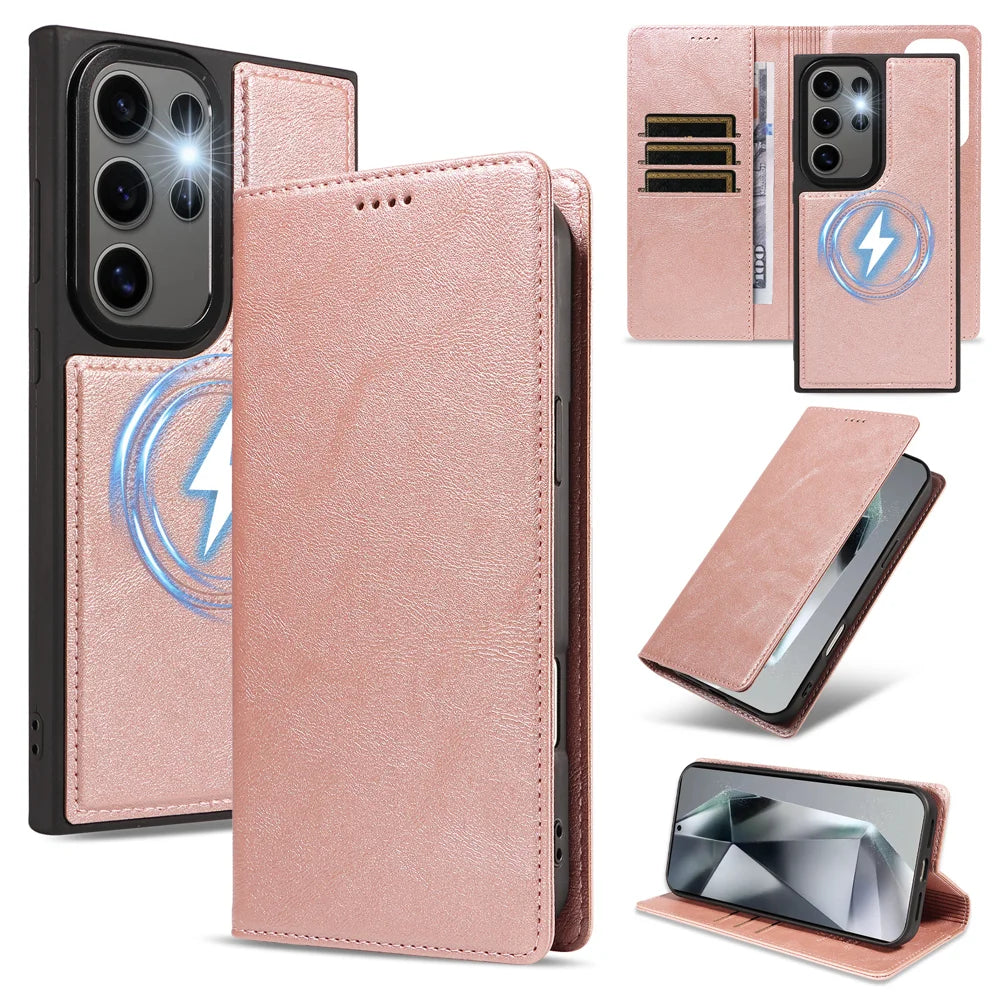 For Samsung Galaxy S24 Ultra Magnetic Case Detachable 2 in 1 Leather Wallet Phone Cover - Rose Gold - 1