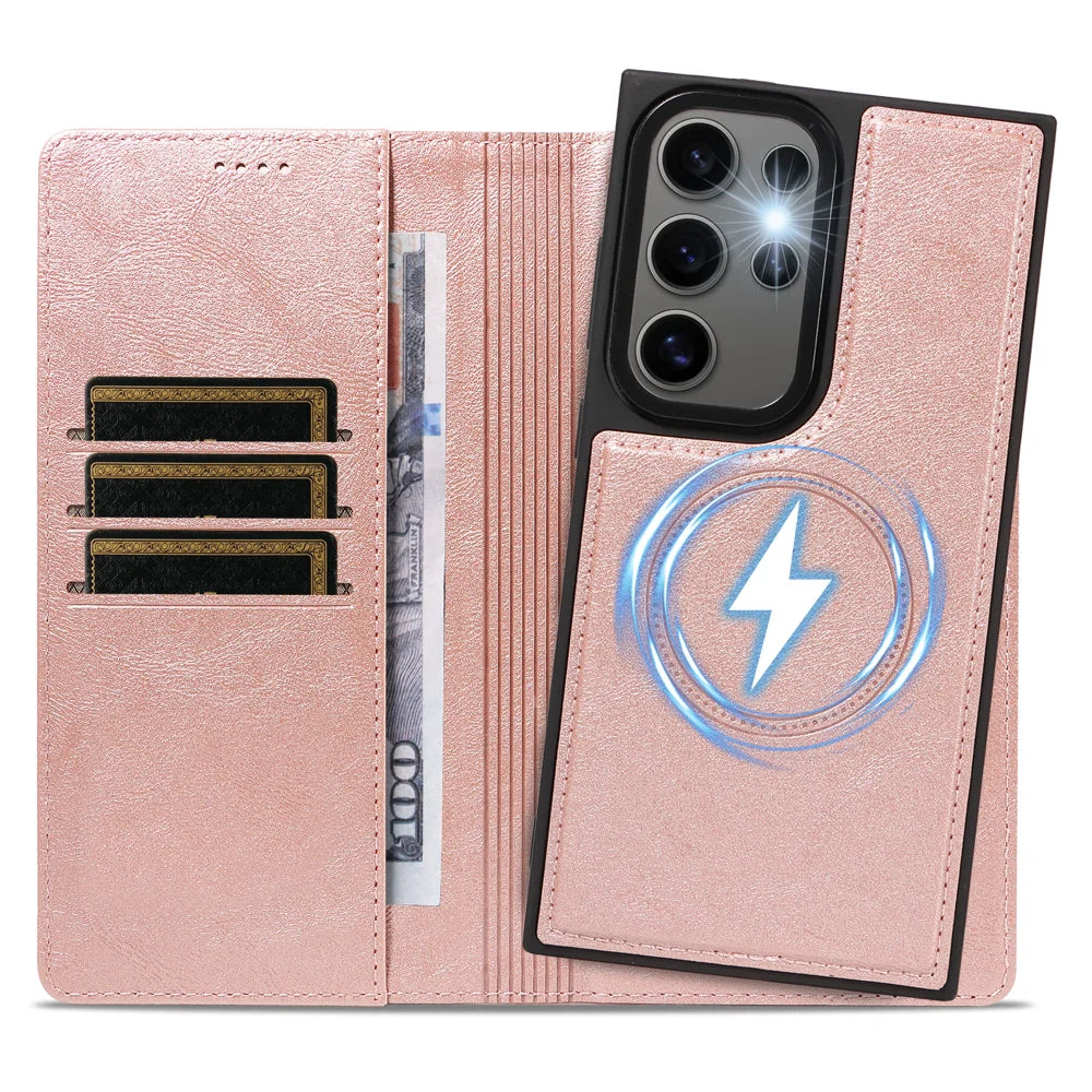 For Samsung Galaxy S24 Ultra Magnetic Case Detachable 2 in 1 Leather Wallet Phone Cover - Rose Gold - 2