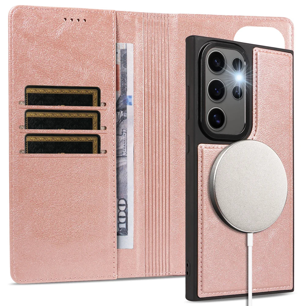 For Samsung Galaxy S24 Ultra Magnetic Case Detachable 2 in 1 Leather Wallet Phone Cover - Rose Gold - 3