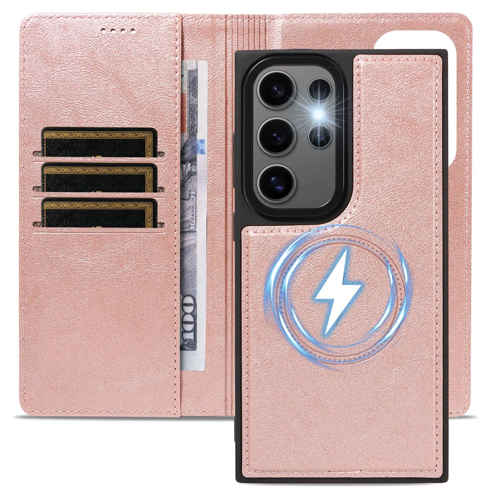 For Samsung Galaxy S24 Ultra Magnetic Case Detachable 2 in 1 Leather Wallet Phone Cover - Rose Gold - 4