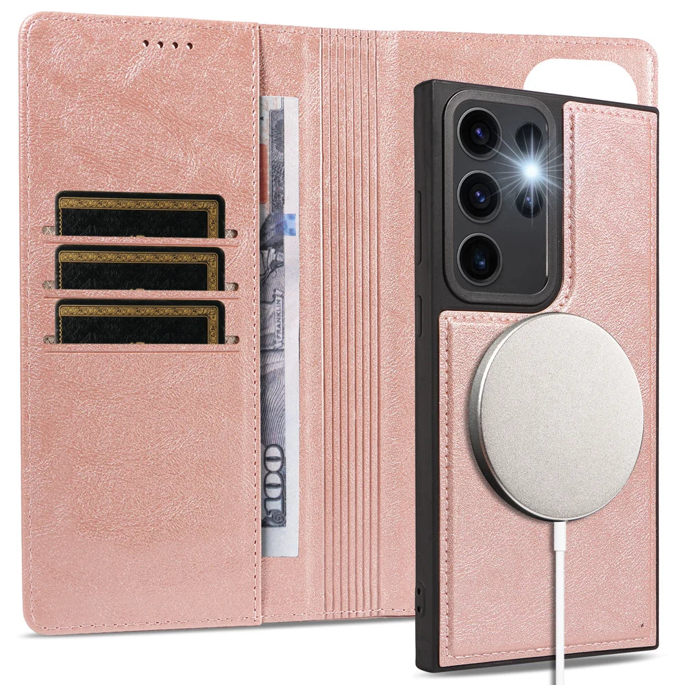 For Samsung Galaxy S23 Ultra Magnetic Case Detachable 2 in 1 Leather Wallet Phone Cover - Rose Gold - 3