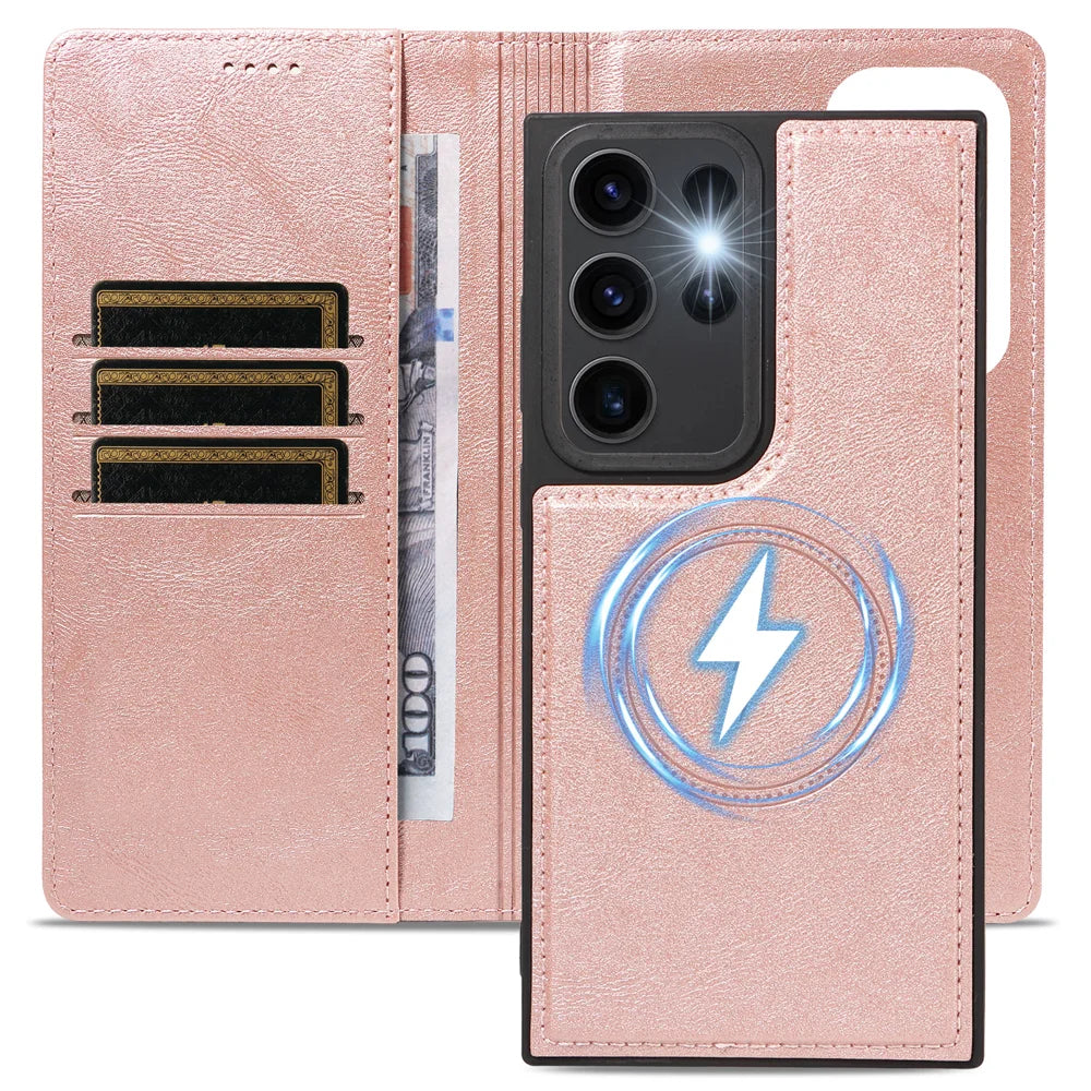 For Samsung Galaxy S23 Ultra Magnetic Case Detachable 2 in 1 Leather Wallet Phone Cover - Rose Gold - 4