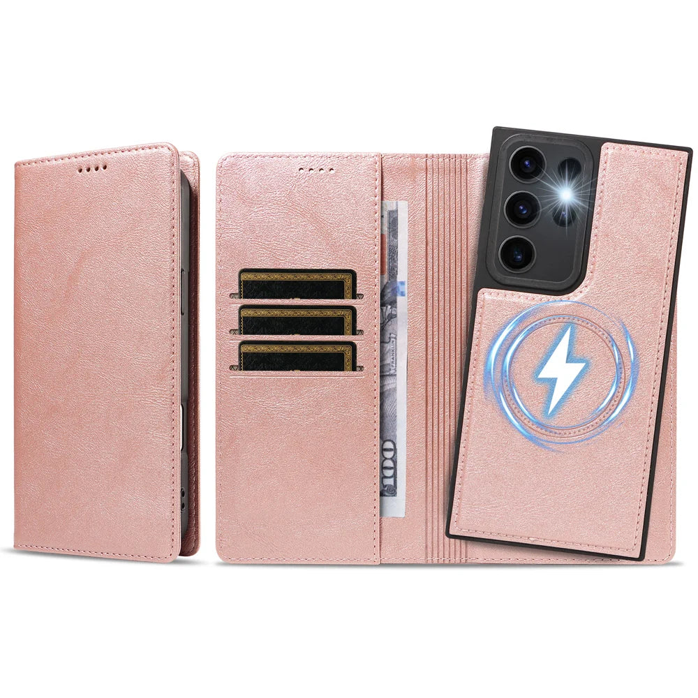 For Samsung Galaxy S23 Ultra Magnetic Case Detachable 2 in 1 Leather Wallet Phone Cover - Rose Gold - 6