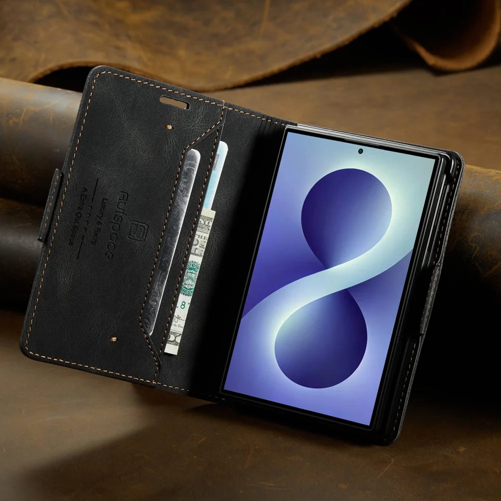 AUTSPACE for Samsung Galaxy Z Fold8 Wallet Case  A01 Leather Stand Cover with RFID Blocking Card Holder - Black - 3