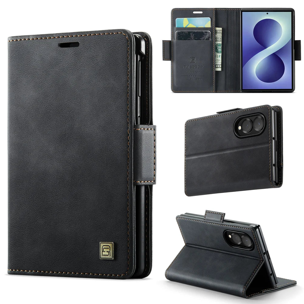 AUTSPACE for Samsung Galaxy Z Fold8 A11 Case RFID Blocking Retro Leather Cell Phone Wallet Cover - Black - 1