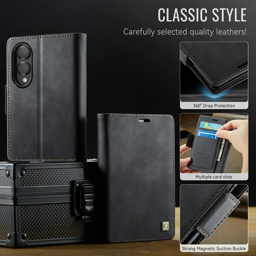 AUTSPACE for Samsung Galaxy Z Fold8 A11 Case RFID Blocking Retro Leather Cell Phone Wallet Cover - Black - 3