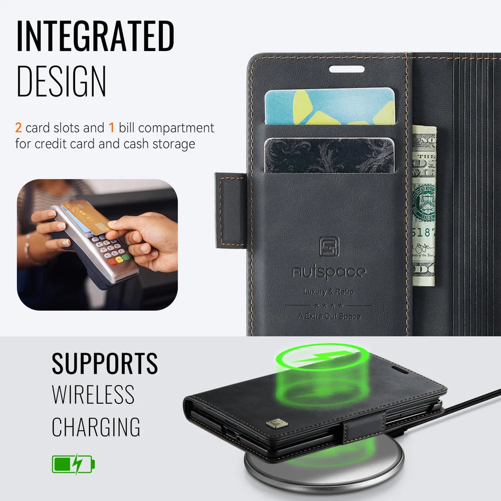 AUTSPACE for Samsung Galaxy Z Fold8 A11 Case RFID Blocking Retro Leather Cell Phone Wallet Cover - Black - 5