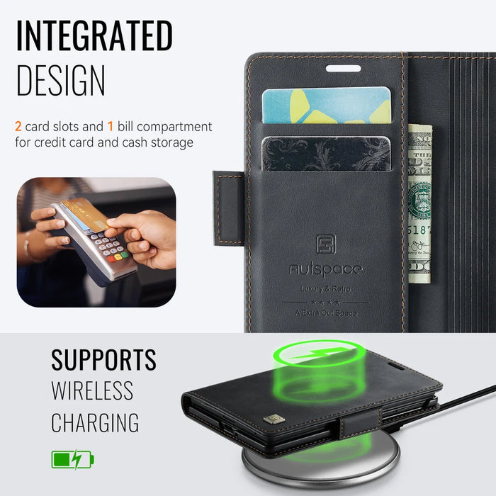 AUTSPACE for Samsung Galaxy Z Fold8 A11 Case RFID Blocking Retro Leather Cell Phone Wallet Cover - Black - 5