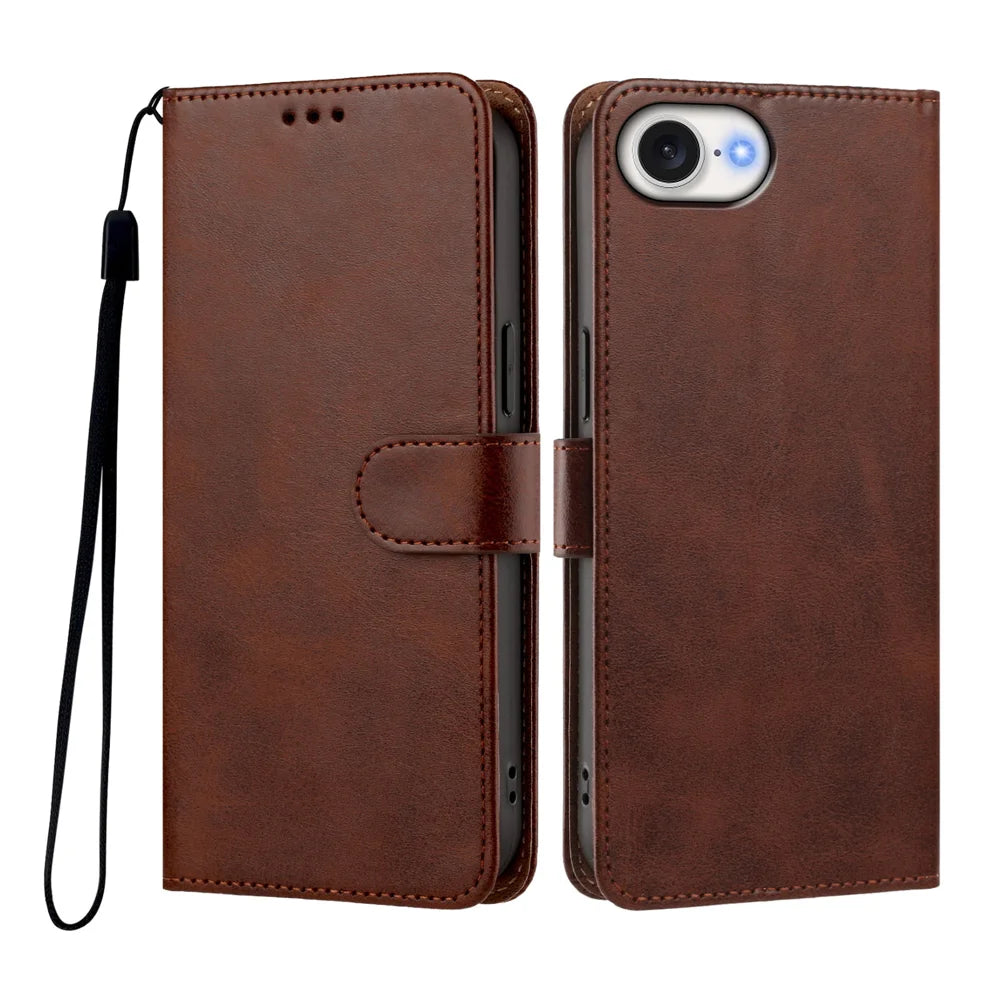 For iPhone 17e / iPhone 16e Case Wallet Flip Stand PU Leather Phone Cover with Wrist Strap - Brown - 1