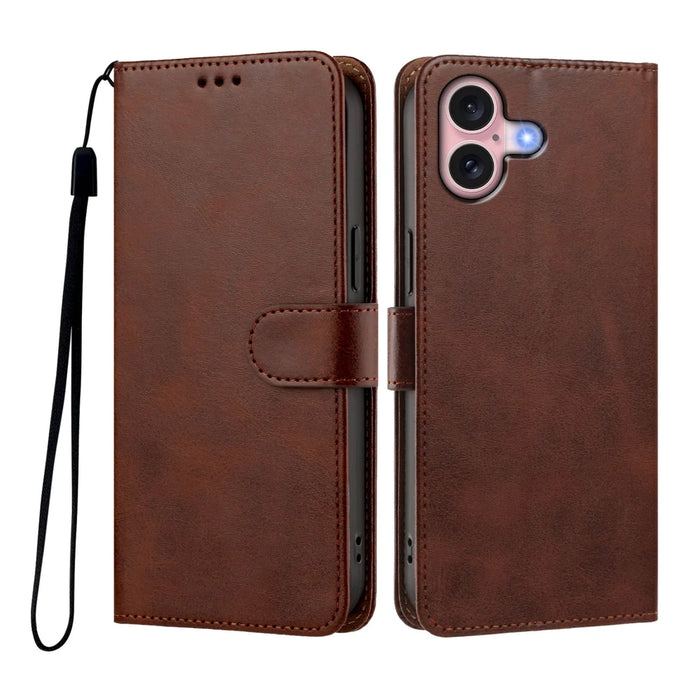 For iPhone 16 Case Wallet Flip Stand PU Leather Phone Cover with Wrist Strap - Brown - 1