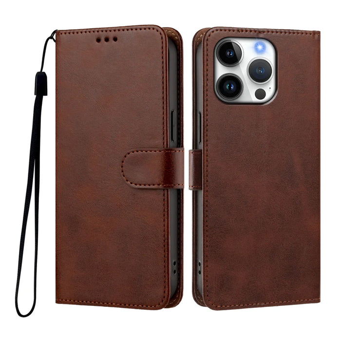 For iPhone 16 Pro Case Wallet Flip Stand PU Leather Phone Cover with Wrist Strap - Brown - 1