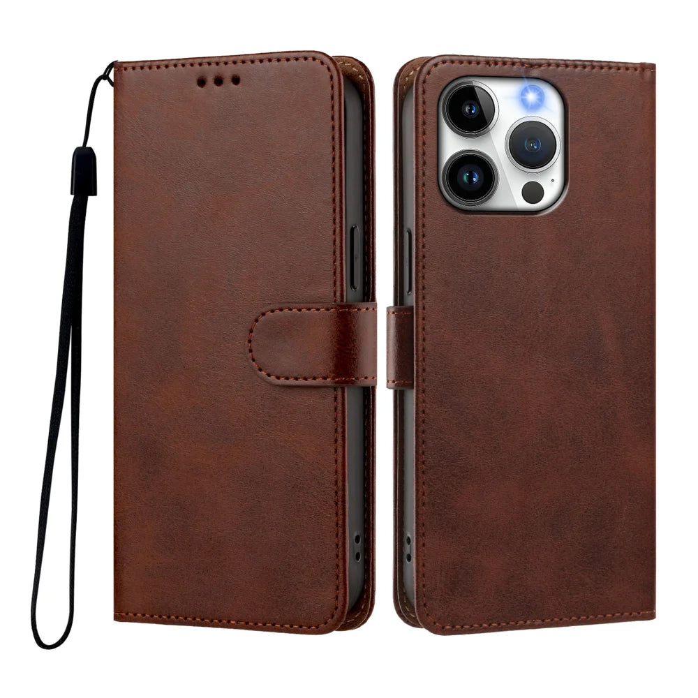 For iPhone 15 Pro Case Wallet Flip Stand PU Leather Phone Cover with Wrist Strap - Brown - 1