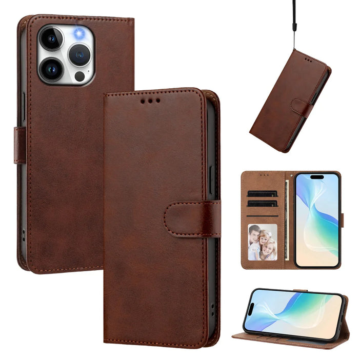 For iPhone 15 Pro Case Wallet Flip Stand PU Leather Phone Cover with Wrist Strap - Brown - 2