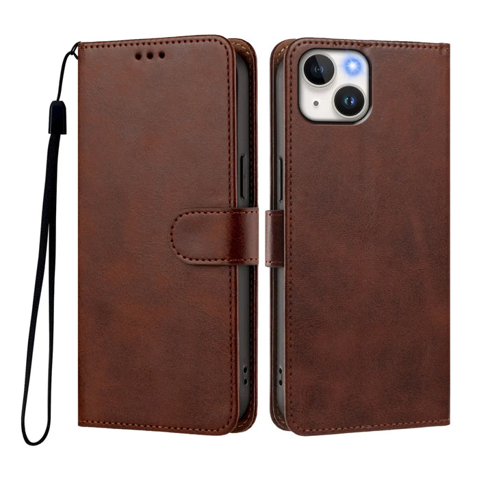 For iPhone 15 Case Wallet Flip Stand PU Leather Phone Cover with Wrist Strap - Brown - 1