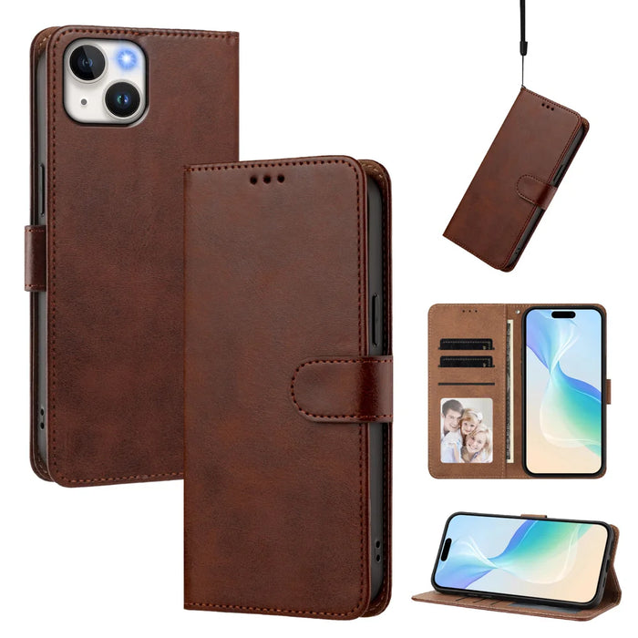 For iPhone 15 Case Wallet Flip Stand PU Leather Phone Cover with Wrist Strap - Brown - 2