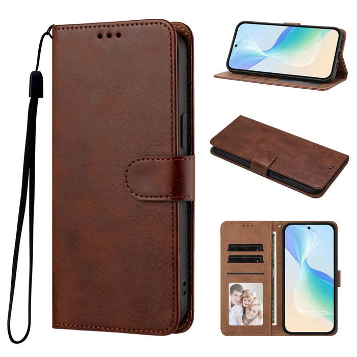 For iPhone 15 Case Wallet Flip Stand PU Leather Phone Cover with Wrist Strap - Brown - 4
