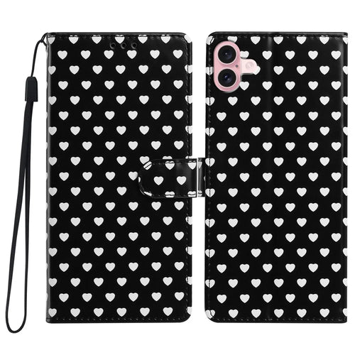 For iPhone 16 Case Heart Pattern PU Leather Flip Wallet Stand Phone Cover with Wrist Strap - Black - 1