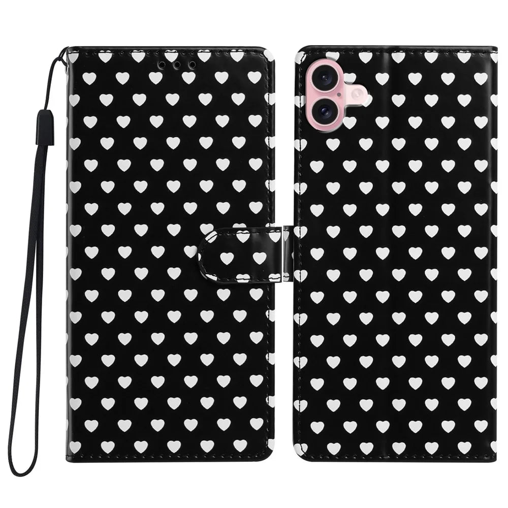For iPhone 16 Case Heart Pattern PU Leather Flip Wallet Stand Phone Cover with Wrist Strap - Black - 1